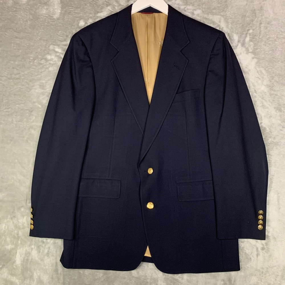 VTG Hart Schaffner Marx Wallachs Navy Wool Blazer Men 42R Gold Two-Button Vented